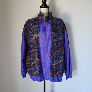 Vintage'80s Bocoo 100% Silk Paisley Retro Windbreaker Track Jacket Purple Pocket